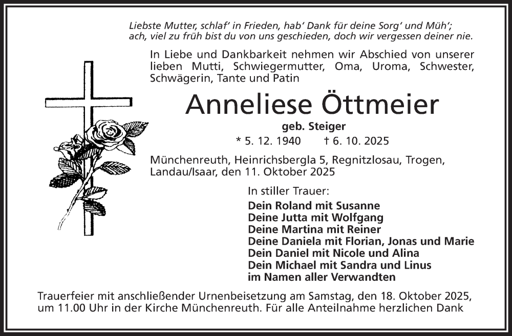  Traueranzeige für Anneliese Öttmeier vom 11.10.2025 aus Frankenpost