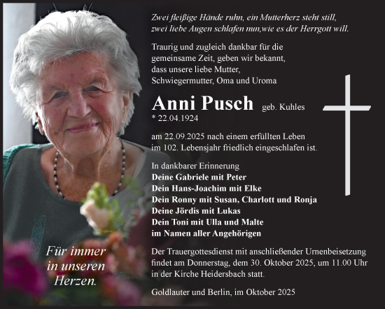 Traueranzeige von Anni Pusch von Südthüringer Presse