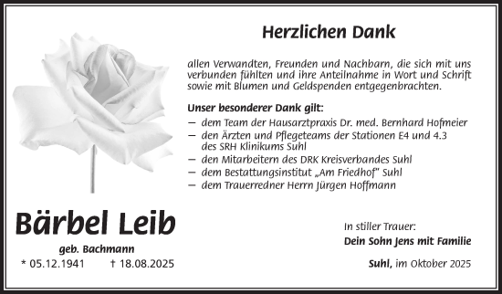 Traueranzeige von Bärbel Leib von Südthüringer Presse