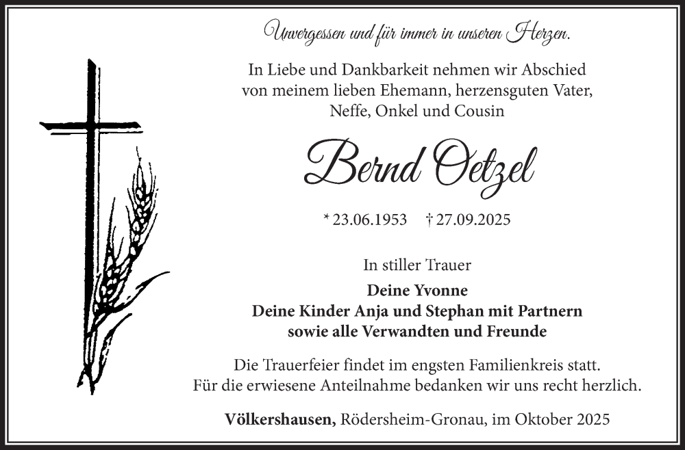  Traueranzeige für Bernd Oetzel vom 25.10.2025 aus Südthüringer Presse