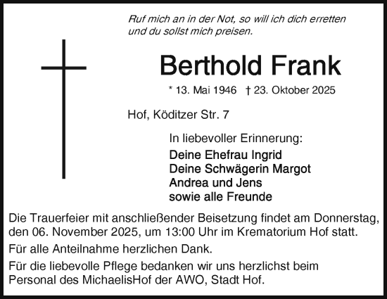 Traueranzeige von Berthold Frank von Frankenpost