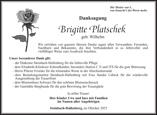 Traueranzeige von Brigitte Platschek von Südthüringer Presse