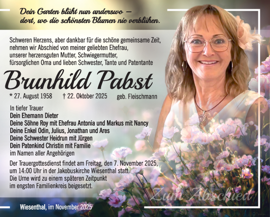 Traueranzeige von Brunhilde Pabst von Südthüringer Presse