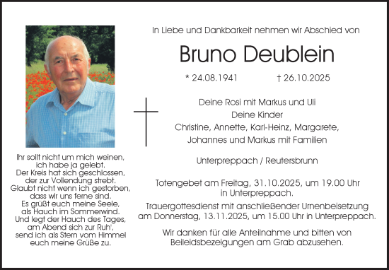 Traueranzeige von Bruno Deublein von Neue Presse Coburg