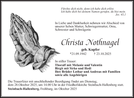 Traueranzeige von Christa Nothnagel von Südthüringer Presse