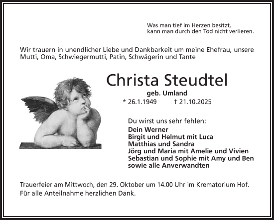 Traueranzeige von Christa Steudtel von Frankenpost