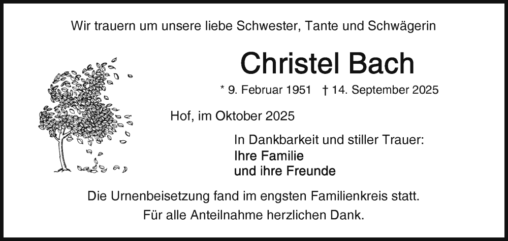  Traueranzeige für Christel Bach vom 18.10.2025 aus Frankenpost