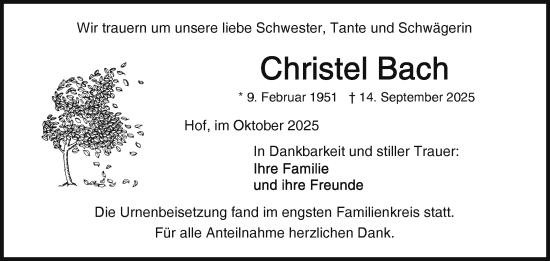 Traueranzeige von Christel Bach von Frankenpost