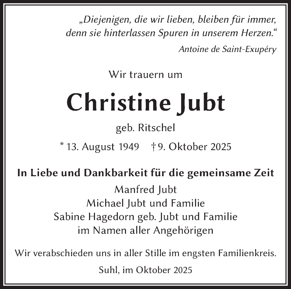  Traueranzeige für Christine Jubt vom 25.10.2025 aus Südthüringer Presse