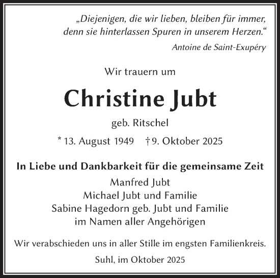 Traueranzeige von Christine Jubt von Südthüringer Presse