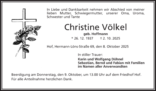 Traueranzeige von Christine Völkel von Frankenpost