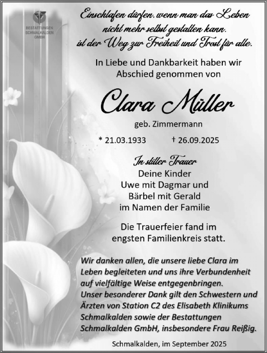 Traueranzeige von Clara Müller von Südthüringer Presse