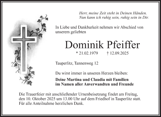Traueranzeige von Dominik Pfeiffer von Frankenpost