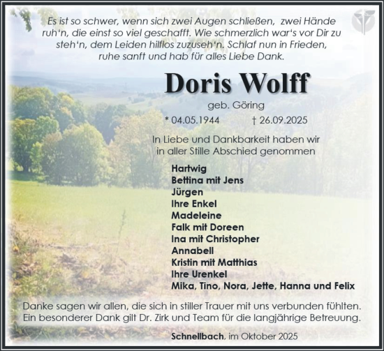 Traueranzeige von Doris Wolff von Südthüringer Presse