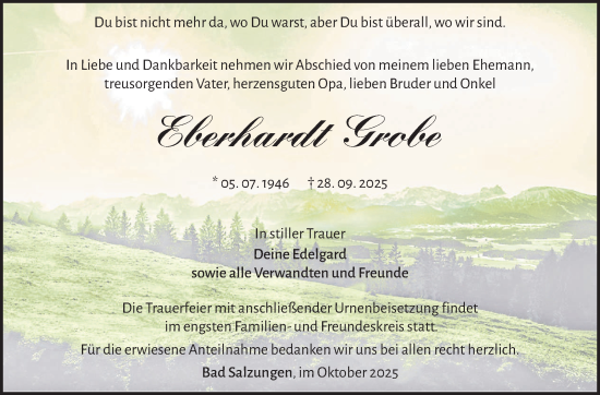 Traueranzeige von Eberhardt Grobe von Südthüringer Presse