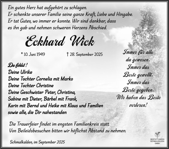 Traueranzeige von Eckhard Wick von Südthüringer Presse