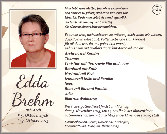 Traueranzeige von Edda Brehm von Südthüringer Presse