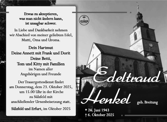 Traueranzeige von Edeltraud Henkel von Südthüringer Presse