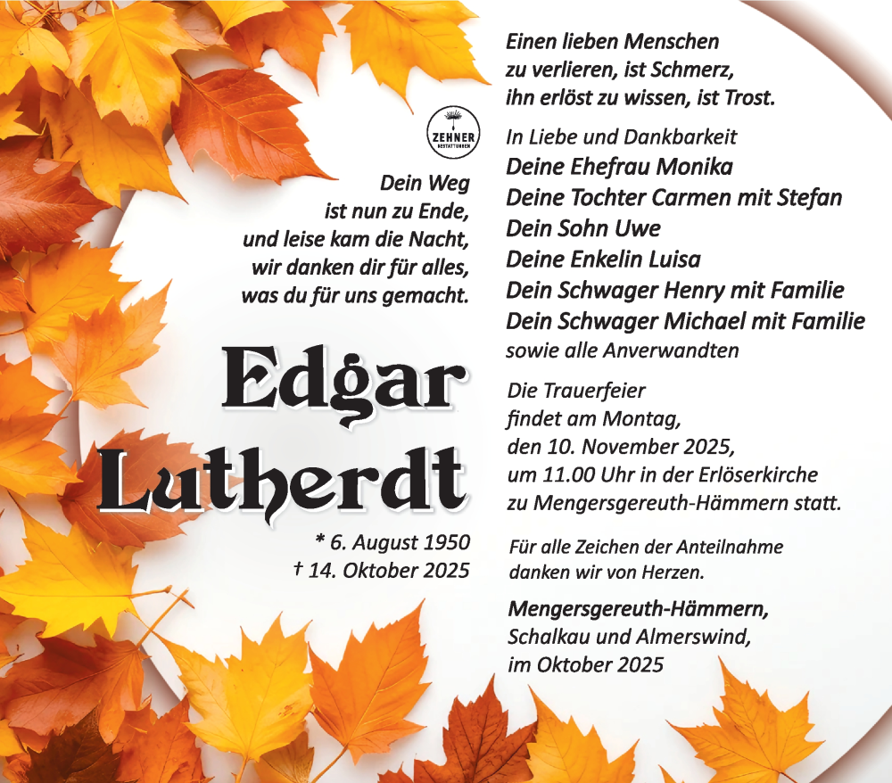  Traueranzeige für Edgar Lutherdt vom 01.11.2025 aus Südthüringer Presse