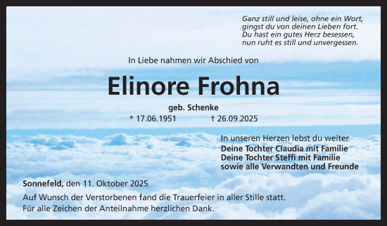 Traueranzeige von Elinore Frohna von Neue Presse Coburg