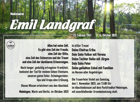 Traueranzeige von Emil Landgraf von Südthüringer Presse