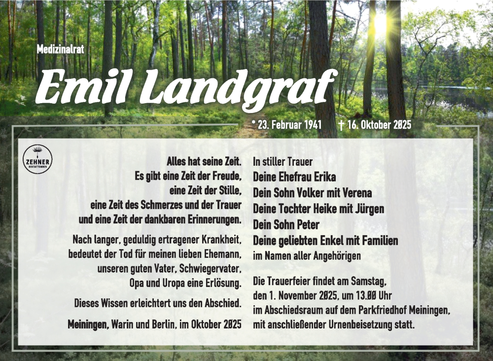  Traueranzeige für Emil Landgraf vom 25.10.2025 aus Südthüringer Presse