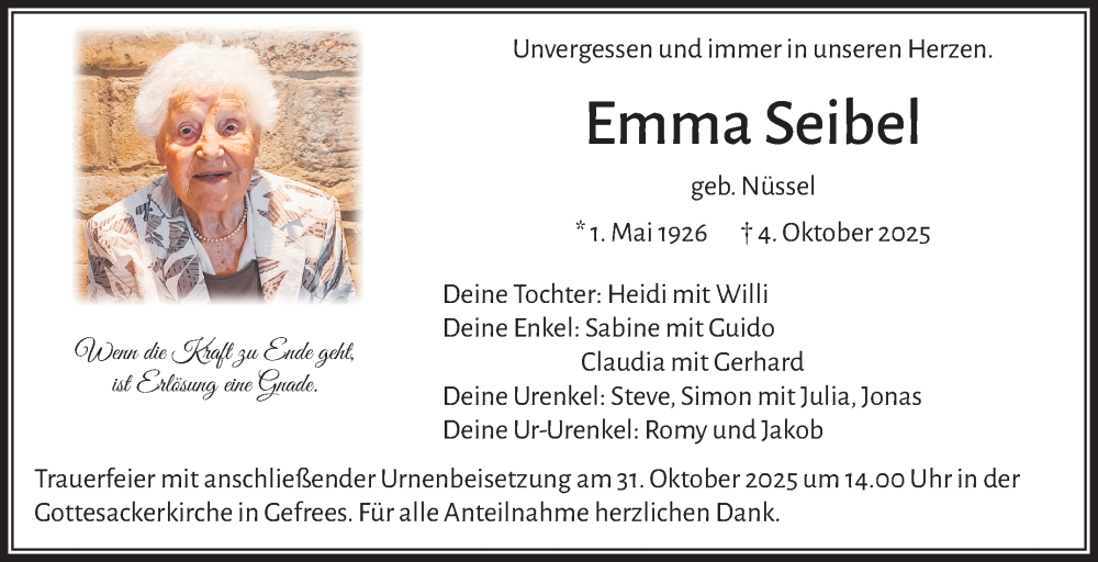  Traueranzeige für Emma Seibel vom 23.10.2025 aus Frankenpost