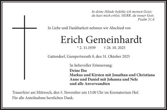 Traueranzeige von Erich Gemeinhardt von Frankenpost