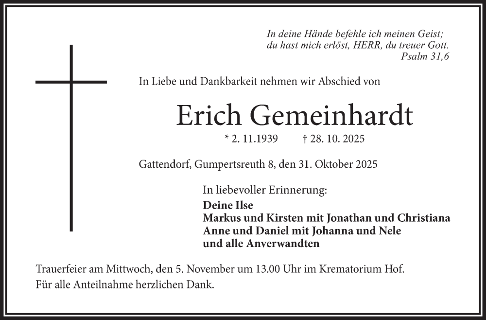  Traueranzeige für Erich Gemeinhardt vom 31.10.2025 aus Frankenpost
