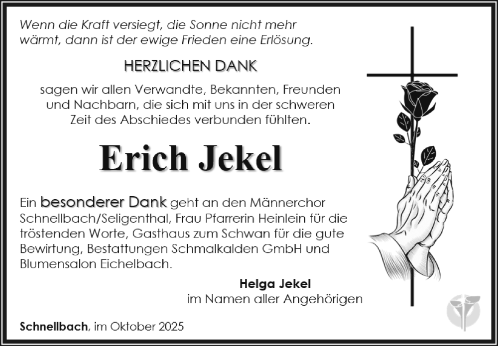  Traueranzeige für Erich Jekel vom 10.10.2025 aus Südthüringer Presse