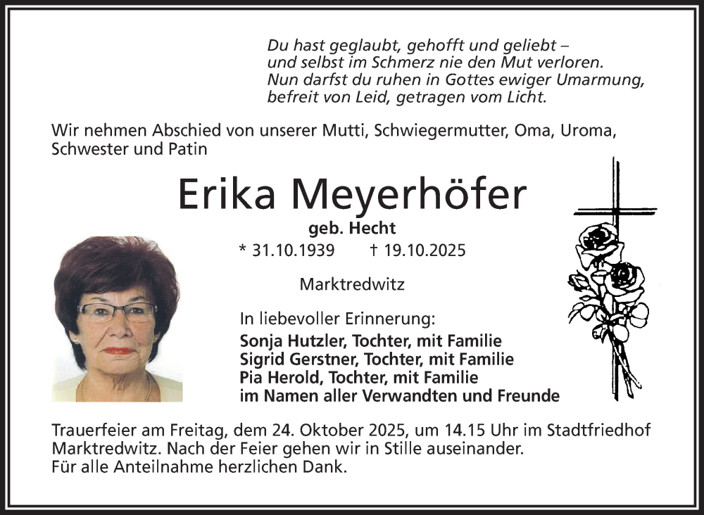  Traueranzeige für Erika Meyerhöfer vom 22.10.2025 aus Frankenpost