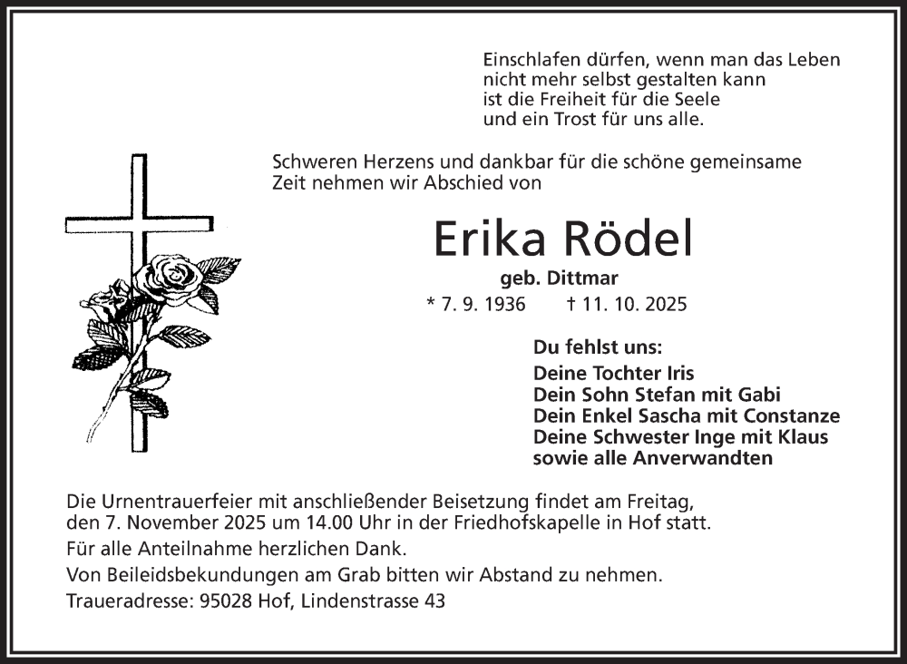  Traueranzeige für Erika Rödel vom 31.10.2025 aus Frankenpost