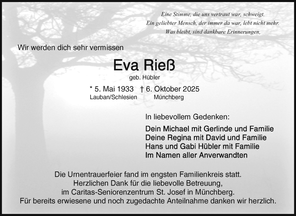  Traueranzeige für Eva Rieß vom 25.10.2025 aus Frankenpost