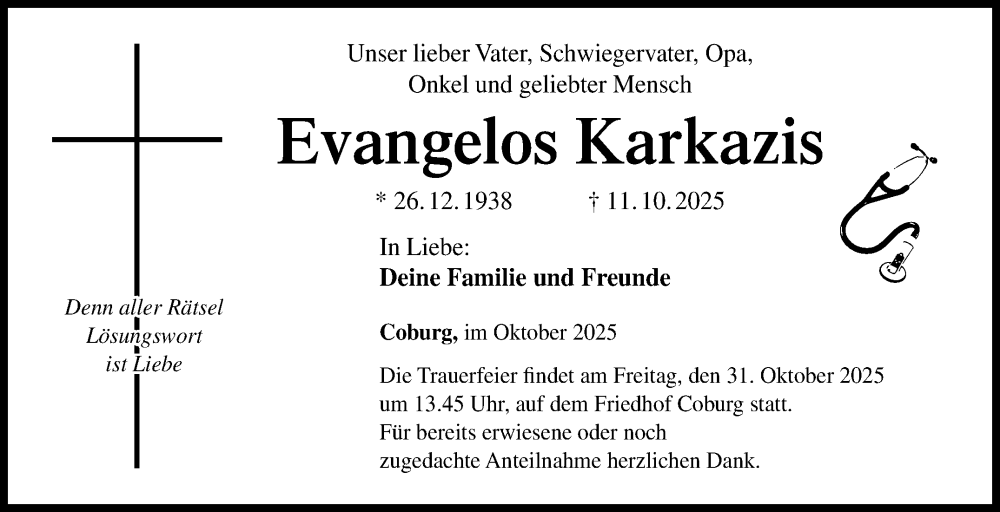  Traueranzeige für Evangelos Karkazis vom 25.10.2025 aus Neue Presse Coburg