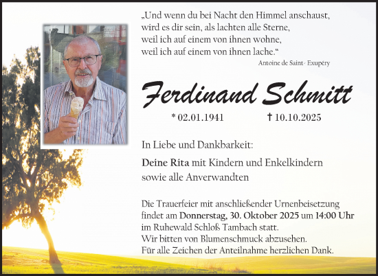 Traueranzeige von Ferdinand Schmitt von Neue Presse Coburg