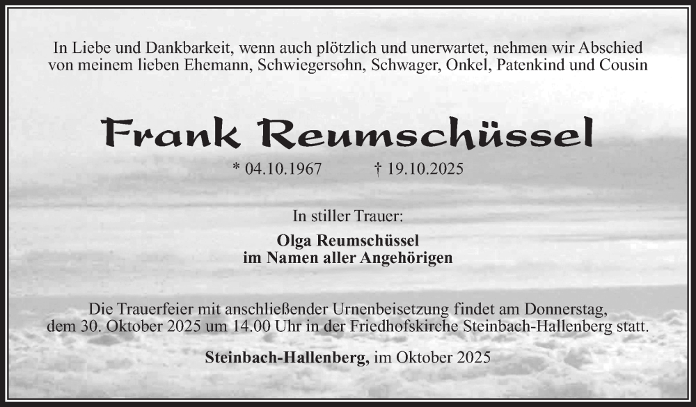  Traueranzeige für Frank Reumschüssel vom 25.10.2025 aus Südthüringer Presse