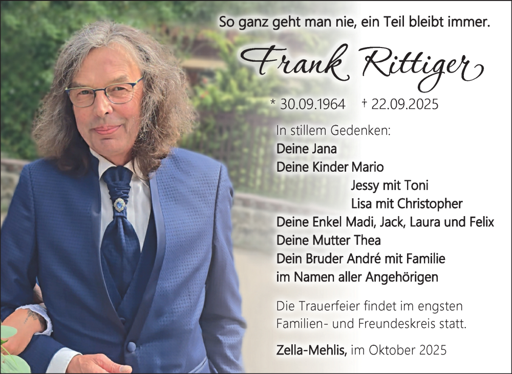 Traueranzeige für Frank Rittiger vom 11.10.2025 aus Südthüringer Presse