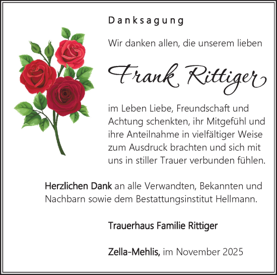 Traueranzeige von Frank Rittiger von Südthüringer Presse