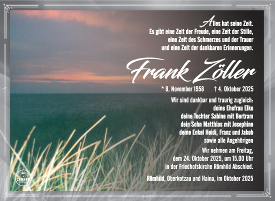 Traueranzeige von Frank Zöller von Südthüringer Presse