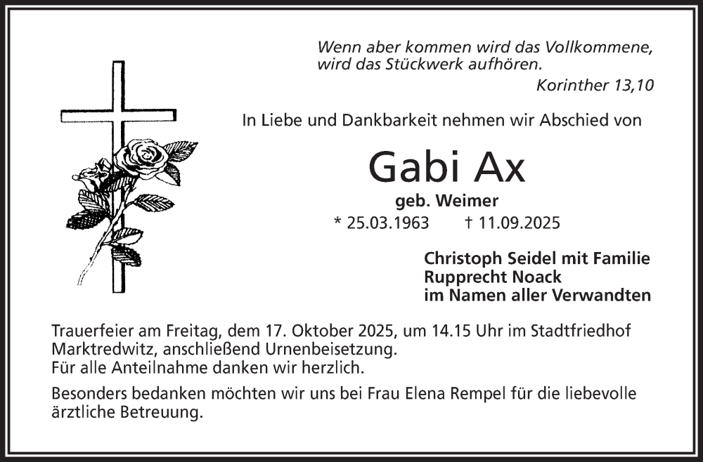  Traueranzeige für Gabi Ax vom 11.10.2025 aus Frankenpost