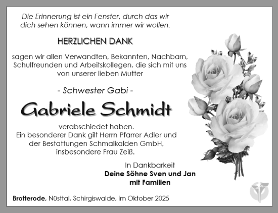 Traueranzeige von Gabriele Schmidt von Südthüringer Presse