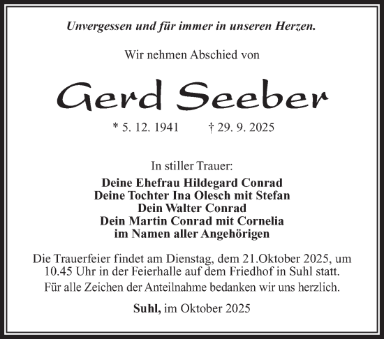 Traueranzeige von Gerd Seeber von Südthüringer Presse