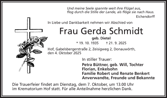 Traueranzeige von Gerda Schmidt von Frankenpost