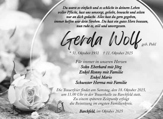 Traueranzeige von Gerda Wolf von Südthüringer Presse