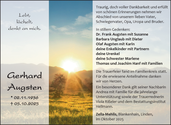 Traueranzeige von Gerhard Augsten von Südthüringer Presse