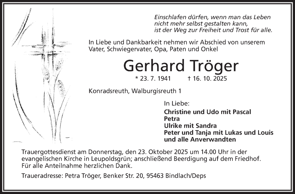  Traueranzeige für Gerhard Tröger vom 18.10.2025 aus Frankenpost