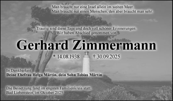 Traueranzeige von Gerhard Zimmermann von Südthüringer Presse