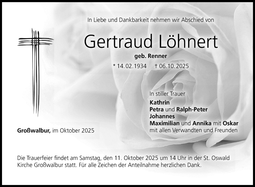  Traueranzeige für Gertraud Löhnert vom 09.10.2025 aus Neue Presse Coburg