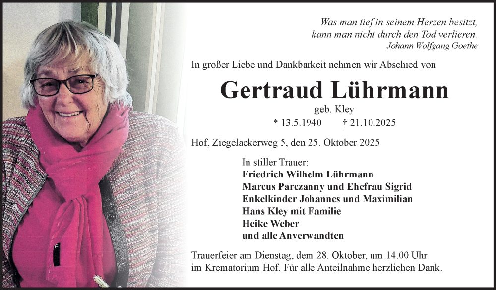 Traueranzeige für Gertraud Lührmann vom 25.10.2025 aus Frankenpost