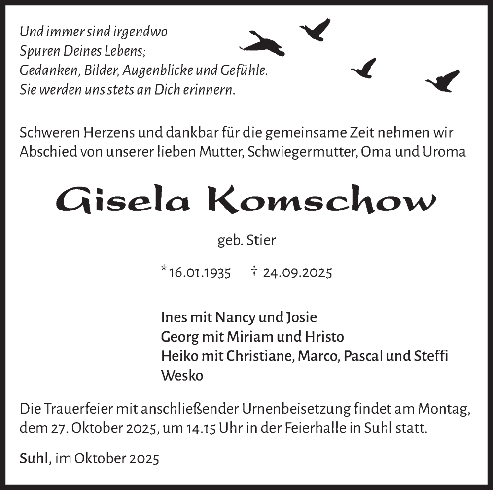  Traueranzeige für Gisela Komschow vom 24.10.2025 aus Südthüringer Presse